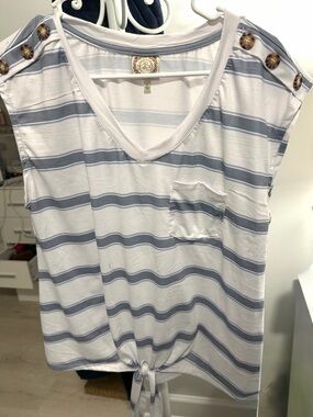 V-Neck Striped Tie-Hem Tank Top - Blue & White
